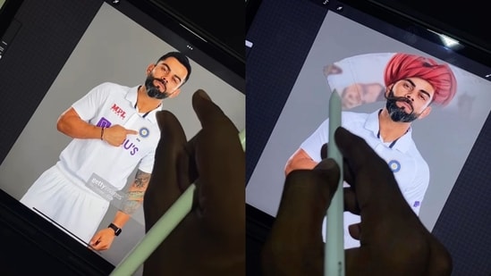 The image is taken from the viral video that captures an artist giving Virat Kohli a ‘rural Rajasthani’ makeover. (Instagram/@artist_teju_jangid)