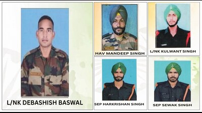 (Combo picture) Hawaldar Mandeep Singh, Lance Naik Debashish Baswal, Lance Naik Kulwant Singh, Sepoy Harkrishan Singh and Sepoy Sewak Singh, who lost their lives in the terror attack in Jammu and Kashmir's Poonch Sector, on Thursday. (ANI) (Combo picture) Hawaldar Mandeep Singh, Lance Naik Debashish Baswal, Lance Naik Kulwant Singh, Sepoy Harkrishan Singh and Sepoy Sewak Singh, who lost their lives in the terror attack in Jammu and Kashmir's Poonch Sector, on Thursday. (ANI)