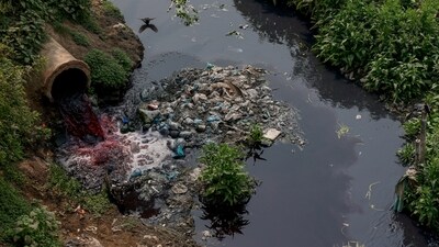 A view of water, which has been coloured by textile dye and will eventually flow through the Labandha, Turag and Buriganga rivers, is released near a paddy field in the Mawna Union area, north of Gazipur, Bangladesh, on March 2. Untreated sewage, by-products of fabric dyeing, and other chemical waste from nearby mills and factories flow in daily. Polythene and plastic waste piled on the riverbed have made it shallow and caused a shift in course, reported Reuters.&nbsp; (Mohammad Ponir Hossain / Reuters)