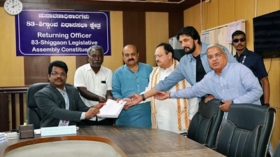 Karnataka CM Bommai files his nomination papers from Shiggaon for the Karnataka Assembly elections along with BJP National President JP Nadda and actor Kichcha Sudeep. (ANI Picture Service)