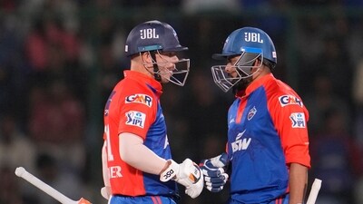Delhi Capitals' David Warner and Delhi Capitals' Prithvi Shaw celebrate a four runs during Indian Premier League (IPL) match between Delhi Capitals' and Kolkata Knight Riders, in New Delhi, India, Thursday, April 20, 2023. (AP Photo/Manish Swarup) (AP) Delhi Capitals' David Warner and Delhi Capitals' Prithvi Shaw celebrate a four runs during Indian Premier League (IPL) match between Delhi Capitals' and Kolkata Knight Riders, in New Delhi, India, Thursday, April 20, 2023. (AP Photo/Manish Swarup) (AP)