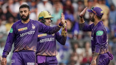 Kolkata Knight Riders bowler Varun Chakaravarthy celebrates with teammates (PTI) Kolkata Knight Riders bowler Varun Chakaravarthy celebrates with teammates (PTI)