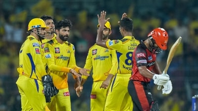 Chennai Super Kings bowler Ravindra Jadeja along with teammates celebrates the wicket of SRH batter Rahul Tripathi (PTI) Chennai Super Kings bowler Ravindra Jadeja along with teammates celebrates the wicket of SRH batter Rahul Tripathi (PTI)