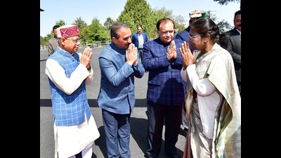 President Droupadi Murmu being given a warm send-off by Himachal Pradesh Governor Shiv Pratap Shuka and State Chief Minister Sukhvinder Singh Sukhu, at Kalyani Helipad, Mashobra, in Shimla on Friday. (ANI)