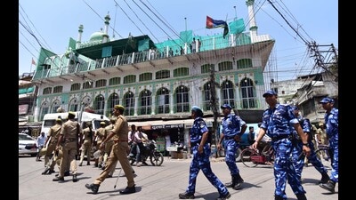 Security personnel deployed in old city area of Prayagraj on Friday. (Anil Kumar Maurya/ht)