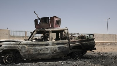 Sudan Conflict: A destroyed military vehicle is seen in southern in Khartoum, Sudan. (AP) Sudan Conflict: A destroyed military vehicle is seen in southern in Khartoum, Sudan. (AP)