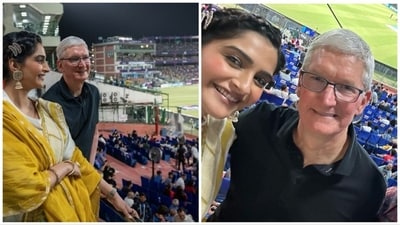 Tim Cook and Sonam Kapoor at the IPL match in Delhi. Tim Cook and Sonam Kapoor at the IPL match in Delhi.