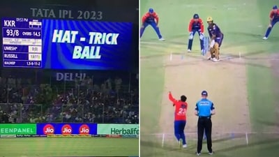 Kuldeep Yadav was on a hat-trick when Andre Russell produced an epic 'BOYS' moment. (Screengrab) Kuldeep Yadav was on a hat-trick when Andre Russell produced an epic 'BOYS' moment. (Screengrab)