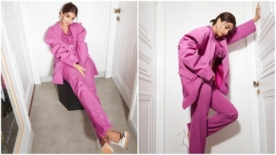 Pooja Hegde, in a pink co-ord set, greets her fans (Instagram/@hegdepooja) Pooja Hegde, in a pink co-ord set, greets her fans (Instagram/@hegdepooja)