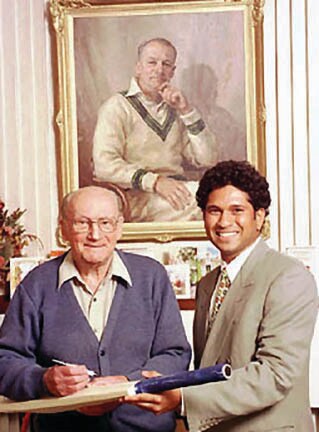 Tendulkar with one of his icons, the legendary Australian batsman Don Bradman, on the latter’s 90th birthday, in 1998. (AP/PTI) Tendulkar with one of his icons, the legendary Australian batsman Don Bradman, on the latter’s 90th birthday, in 1998. (AP/PTI)