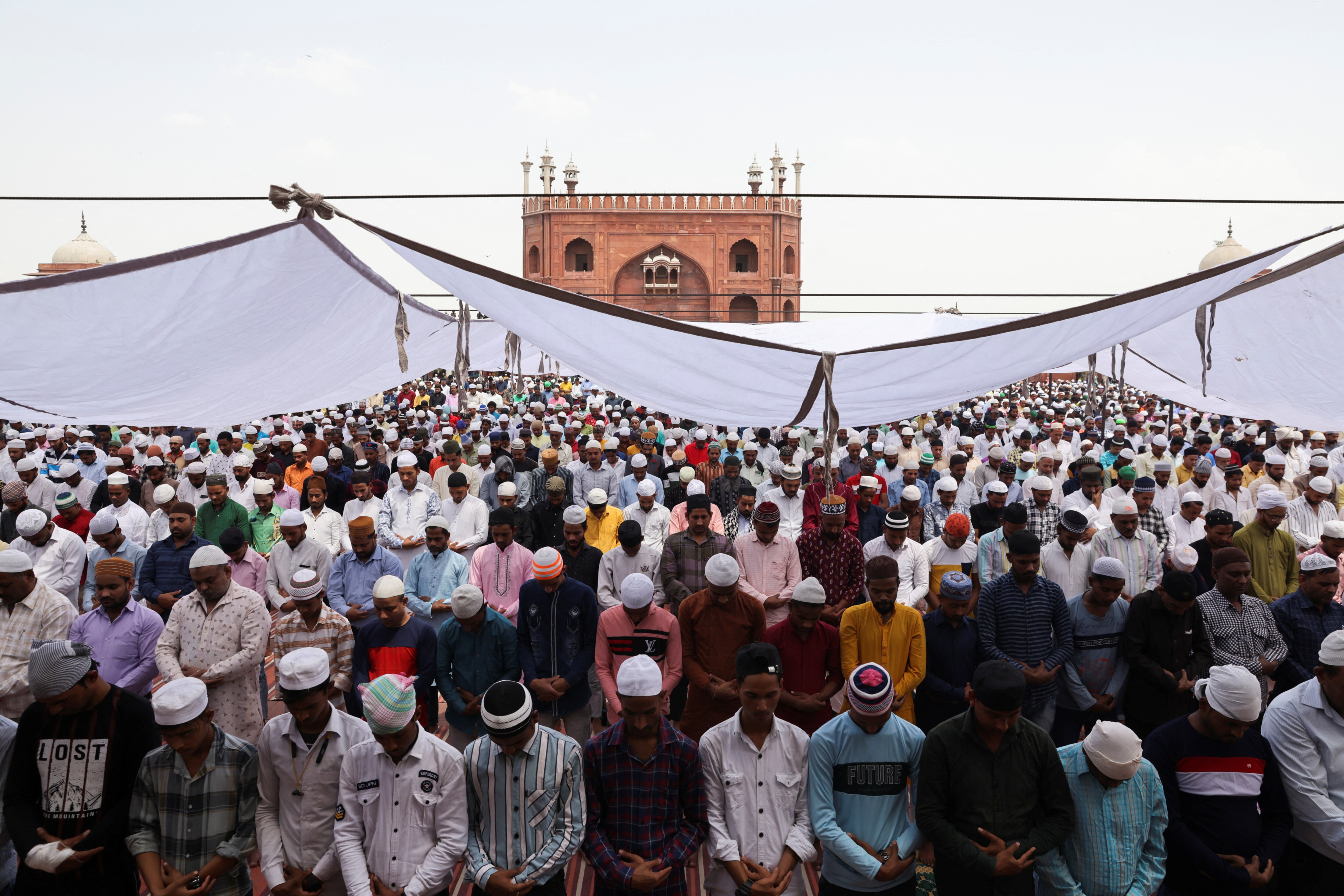 Muslims offer prayers on Jumat-ul-Vida during the holy fasting month of Ramadan, at Jama Masjid in the old quarters of Delhi, India, on April 21.  (REUTERS/Anushree Fadnavis)
