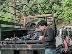 The Indian Army truck which was targeted by terrorists in Poonch on Thursday. 