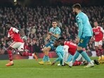 Arsenal's Bukayo Saka, left, celebrates after scoring during the English Premier League soccer match between Arsenal and Southampton at Emirates stadium in London, Friday, April 21, 2023. (AP Photo/Kirsty Wigglesworth) Arsenal's Bukayo Saka, left, celebrates after scoring during the English Premier League soccer match between Arsenal and Southampton at Emirates stadium in London, Friday, April 21, 2023. (AP Photo/Kirsty Wigglesworth)