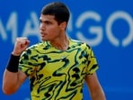 Carlos Alcaraz of Spain celebrates his victory against Britain's Daniel Evans 