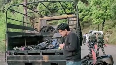 The Indian Army truck which was targeted by terrorists in Poonch on Thursday. (ANI) The Indian Army truck which was targeted by terrorists in Poonch on Thursday. (ANI)