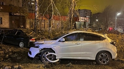 This photo shows the site of the crater after an explosion in Belgorod, Russia. (AP) This photo shows the site of the crater after an explosion in Belgorod, Russia. (AP)