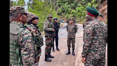 Army Commander Northern Command Lt General Upendra Dwivedi in Bhata Dhurian area of Poonch on Saturday. (PTI) Army Commander Northern Command Lt General Upendra Dwivedi in Bhata Dhurian area of Poonch on Saturday. (PTI)