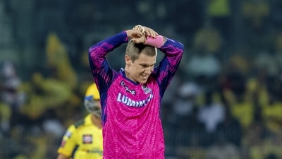 Adam Zampa of Rajasthan Royals reacts during the Indian Premier League (IPL) cricket match between Chennai Super Kings and Rajasthan Royals in Chennai, India, Wednesday, April 12, 2023. (AP Photo/ R. Parthibhan) (AP) Adam Zampa of Rajasthan Royals reacts during the Indian Premier League (IPL) cricket match between Chennai Super Kings and Rajasthan Royals in Chennai, India, Wednesday, April 12, 2023. (AP Photo/ R. Parthibhan) (AP)