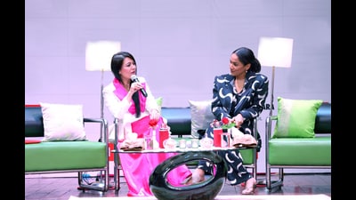 Masaba Gupta interacting with (left) Sanyukta Shrestha (HT Photo) Masaba Gupta interacting with (left) Sanyukta Shrestha (HT Photo)