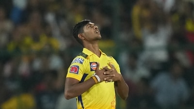 Bengaluru: Chennai Super Kings bowler Matheesha Pathirana celebrates after taking the wicket of Royal Challengers Bangalore batter Shahbaz Ahmed during the IPL 2023 cricket match between Royal Challengers Bangalore and Chennai Super Kings, at M Chinnaswamy Stadium in Bengaluru, Monday, April 17, 2023. (PTI Photo/Shailendra Bhojak)(PTI04_17_2023_000372B) (PTI) Bengaluru: Chennai Super Kings bowler Matheesha Pathirana celebrates after taking the wicket of Royal Challengers Bangalore batter Shahbaz Ahmed during the IPL 2023 cricket match between Royal Challengers Bangalore and Chennai Super Kings, at M Chinnaswamy Stadium in Bengaluru, Monday, April 17, 2023. (PTI Photo/Shailendra Bhojak)(PTI04_17_2023_000372B) (PTI)