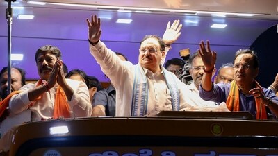 BJP President J P Nadda during a roadshow ahead of Assembly polls in Bidar, Karnataka, on Friday. (PTI) BJP President J P Nadda during a roadshow ahead of Assembly polls in Bidar, Karnataka, on Friday. (PTI)