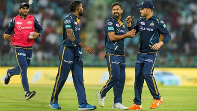 Gujarat Titans bowler Mohit Sharma celebrates with teammates (PTI) Gujarat Titans bowler Mohit Sharma celebrates with teammates (PTI)
