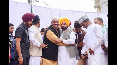 Punjab CM Bhagwant Mann during Eid celebrations at Eidgah Mosque in Jalandhar on Saturday. (PTI) Punjab CM Bhagwant Mann during Eid celebrations at Eidgah Mosque in Jalandhar on Saturday. (PTI)