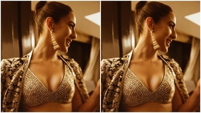 Sara looked ravishing as ever in the golden sequined blouse, teamed with a black skirt featuring intricate golden embellishment details throughout. With a matching jacket on her shoulders, sara added more oomph to her glam look. (Instagram/@saraalikhan95) Sara looked ravishing as ever in the golden sequined blouse, teamed with a black skirt featuring intricate golden embellishment details throughout. With a matching jacket on her shoulders, sara added more oomph to her glam look. (Instagram/@saraalikhan95)