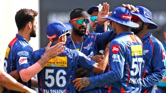 Lucknow Super Giants Krunal Pandya celebrates a wicket during the match against Gujarat Titans(IPL Twitter)