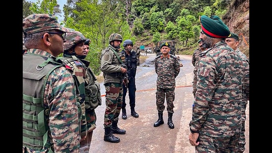 Army Commander Northern Command Lt General Upendra Dwivedi in Bhata Dhurian area of Poonch on Saturday. (PTI)