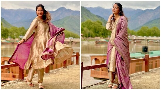 Hina Khan is celebrating Eid-Ul-Fitr in Kashmir. She shared a series of photos of herself in a stunning salwar suit, featuring the picturesque backdrop on her Instagram handle and wrote, "Kashmir ki kali celebrating Eid in Jannat-e-Kashmir.. Eid Mubarak Everyone."&nbsp;(Instagram/@iamhumaq)