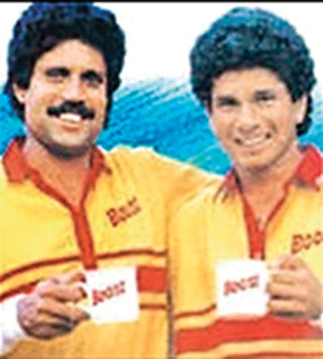 In one of his early colour ads, a child-like Tendulkar promotes the energy mix Boost, alongside Kapil Dev. In one of his early colour ads, a child-like Tendulkar promotes the energy mix Boost, alongside Kapil Dev.