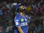 Lucknow Super Giants batter KL Rahul reacts after his dismissal during the IPL 2023 match