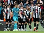 Newcastle United's Callum Wilson celebrates scoring their sixth goal with teammates 
