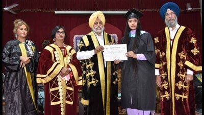 A student being awarded her degree at the annual convocation 2021-22 of Government College for Girls in Ludhiana on Sunday. (HT PHOTO) A student being awarded her degree at the annual convocation 2021-22 of Government College for Girls in Ludhiana on Sunday. (HT PHOTO)