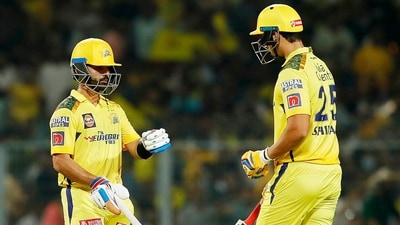 Chennai Super Kings' Ajinkya Rahane and Shivam Dube celebrate their partnership during the match against Kolkata Knight Riders (IPL Twitter)