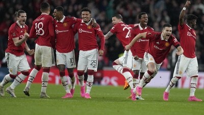 Manchester United players celebrate after winning the English FA Cup semifinal soccer match between Brighton and Hove Albion and Manchester United at Wembley Stadium in London, Sunday, April 23, 2023. (AP Photo/Kirsty Wigglesworth) (AP) Manchester United players celebrate after winning the English FA Cup semifinal soccer match between Brighton and Hove Albion and Manchester United at Wembley Stadium in London, Sunday, April 23, 2023. (AP Photo/Kirsty Wigglesworth) (AP)