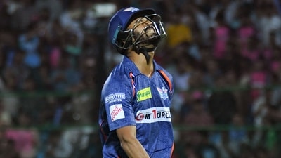 Lucknow Super Giants batter KL Rahul reacts after his dismissal during the IPL 2023 match (PTI) Lucknow Super Giants batter KL Rahul reacts after his dismissal during the IPL 2023 match (PTI)