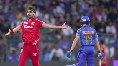 Mumbai: Punjab Kings bowler Arshdeep Singh celebrates the wicket of Mumbai Indians batter Nehal Wadhera during the IPL 2023 cricket match between Punjab Kings and Mumbai Indians at Wankhede Stadium, in Mumbai, Saturday, April 22, 2023. (PTI Photo/Kunal Patil)(PTI04_22_2023_000532B) (PTI) Mumbai: Punjab Kings bowler Arshdeep Singh celebrates the wicket of Mumbai Indians batter Nehal Wadhera during the IPL 2023 cricket match between Punjab Kings and Mumbai Indians at Wankhede Stadium, in Mumbai, Saturday, April 22, 2023. (PTI Photo/Kunal Patil)(PTI04_22_2023_000532B) (PTI)