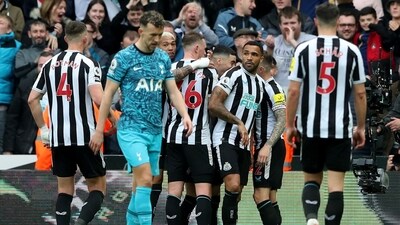 Newcastle United's Callum Wilson celebrates scoring their sixth goal with teammates (REUTERS)