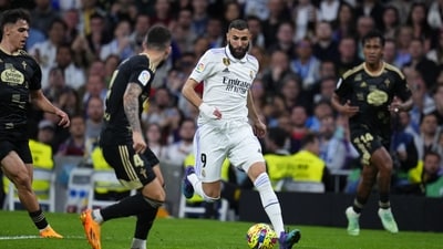 Real Madrid's Karim Benzema, centre, controls the ball during the Spanish La Liga match (AP) Real Madrid's Karim Benzema, centre, controls the ball during the Spanish La Liga match (AP)