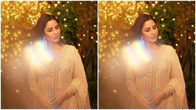 In statement golden earrings and minimal makeup in maroon eyeshadow, black eyeliner, mascara-laden eyelashes, contoured cheeks and a shade of nude lipstick, Katrina won the festive fashion game. (Instagram/@katrinakaif) In statement golden earrings and minimal makeup in maroon eyeshadow, black eyeliner, mascara-laden eyelashes, contoured cheeks and a shade of nude lipstick, Katrina won the festive fashion game. (Instagram/@katrinakaif)