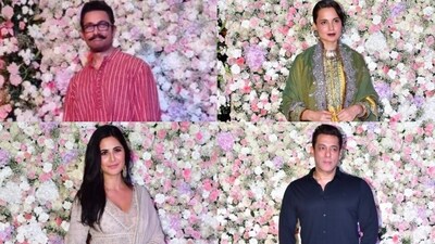 Aamir Khan, Kangana Ranaut, Katrina Kaif, and Salman Khan attended Arpita Khan's Eid party. Aamir Khan, Kangana Ranaut, Katrina Kaif, and Salman Khan attended Arpita Khan's Eid party.