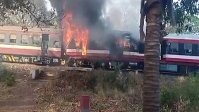 Fire breaks out in a train at MP's Pritam Nagar station. (ANI)