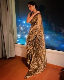 Sobhita Dhulipala shines in a golden tissue saree. (Instagram ) Sobhita Dhulipala shines in a golden tissue saree. (Instagram )