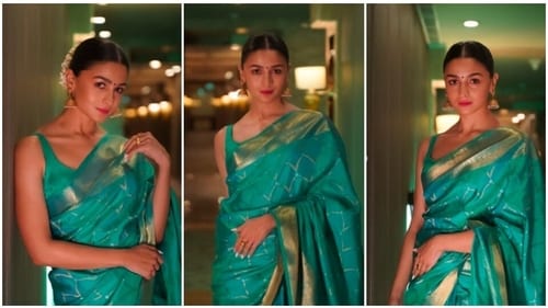 Alia Bhatt add a touch of South to her look and draped a stunning ocean blue Kanjeevaram saree. (Instagram/@aliaabhatt) Alia Bhatt add a touch of South to her look and draped a stunning ocean blue Kanjeevaram saree. (Instagram/@aliaabhatt)