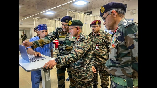 Army Commander Northern Command Lt General Upendra Dwivedi during his visit to the Command Hospital where survivors of Thursday's terror attack are being treated in Udhampur. (PTI)