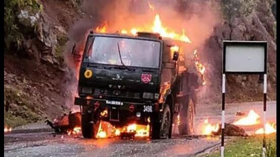 Poonch: An army vehicle in flames after a terror attack in Mendhar in Poonch district, Thursday, April 20, 2023. (PTI)