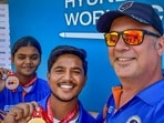 India's Jyothi Surekha and Ojas Deotale pose with their medals after winning the gold medal at the Archery World Cup 2023, in Antalya, Turkey. 