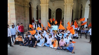 ABVP activists held protest at SPPU on Monday, (HT PHOTO) ABVP activists held protest at SPPU on Monday, (HT PHOTO)